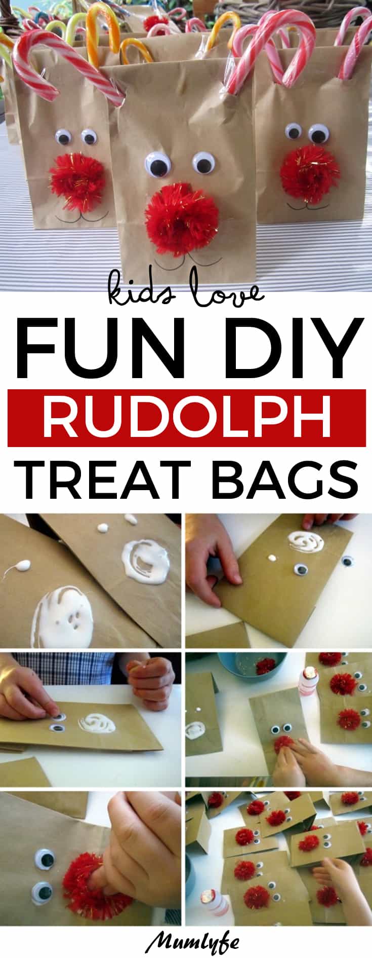 Kids love these fun DIY Rudolph treat bags. #Rudolf #Christmas #Christmascrafts #DIYChristmas #kids