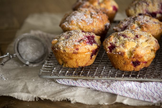 Coconut, raspberry and white chocolate muffins